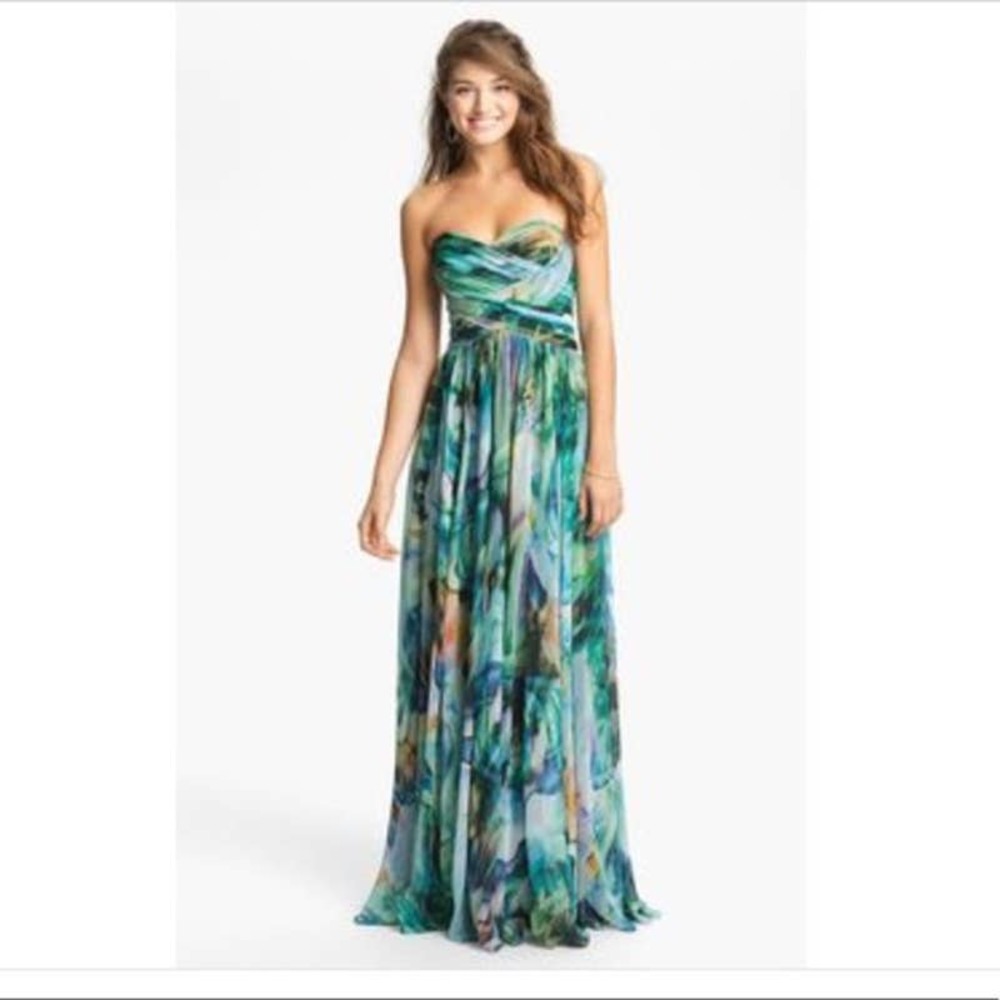 La Femme Strapless Watercolor Formal Gown Green Chiffon Prom Women 2